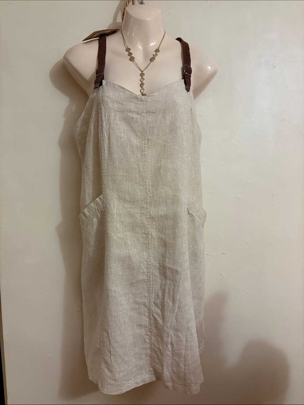Blanca Line Natural Linen Midi Dress with Brown Straps cotton